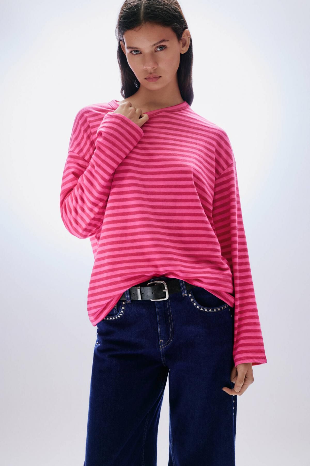 풀앤베어 오버핏 스트라이프 핑크 긴팔 티셔츠 3230/319 FUCHSIA - 상세 이미지 4
