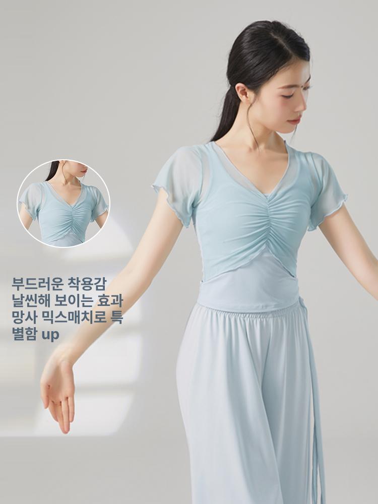 여성 성인 가을 현대무용 연습복 반팔 상의 세트 - 상세 이미지 3