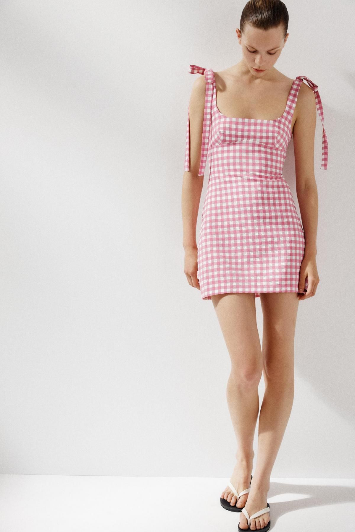 자라 로맨틱 깅엄체크 리본 미니 원피스 3067/205 PINK / WHITE - 상세 이미지 5