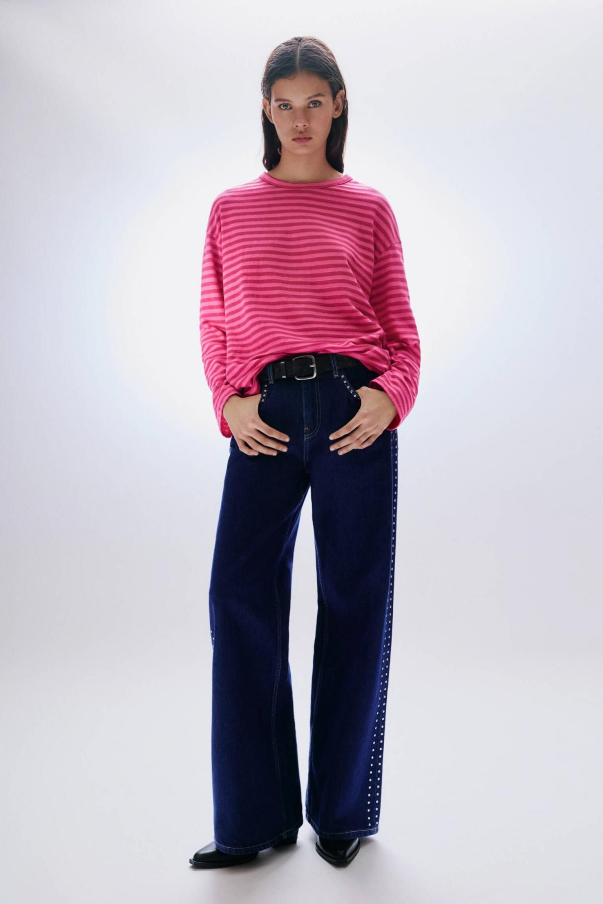 풀앤베어 오버핏 스트라이프 핑크 긴팔 티셔츠 3230/319 FUCHSIA - 상세 이미지 5