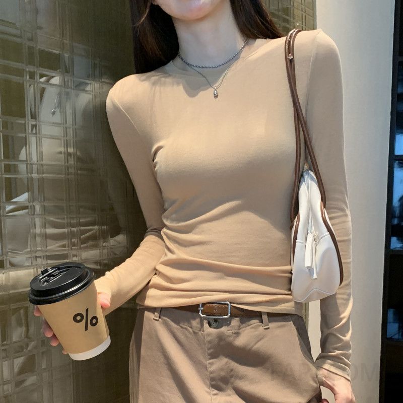 여성 베이직 슬림핏 라운드넥 긴팔 니트웨어 텐셀 울 혼방 부드러운 이너 티셔츠 여리핏 데일리룩 오피스룩 캐주얼 간절기 봄 가을 코디 - 상세 이미지 2