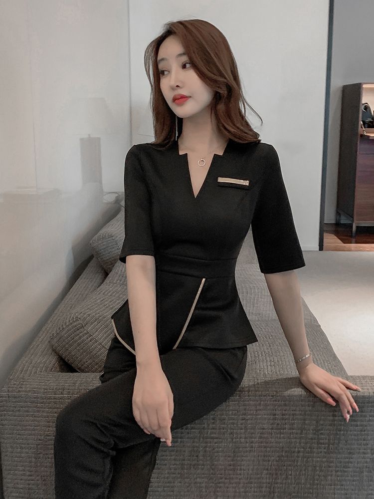 피부샵 유니폼 호텔 에스테틱 근무복 코디네이터 의상 네이비 반팔 상의+스커트 S - 상세 이미지 2