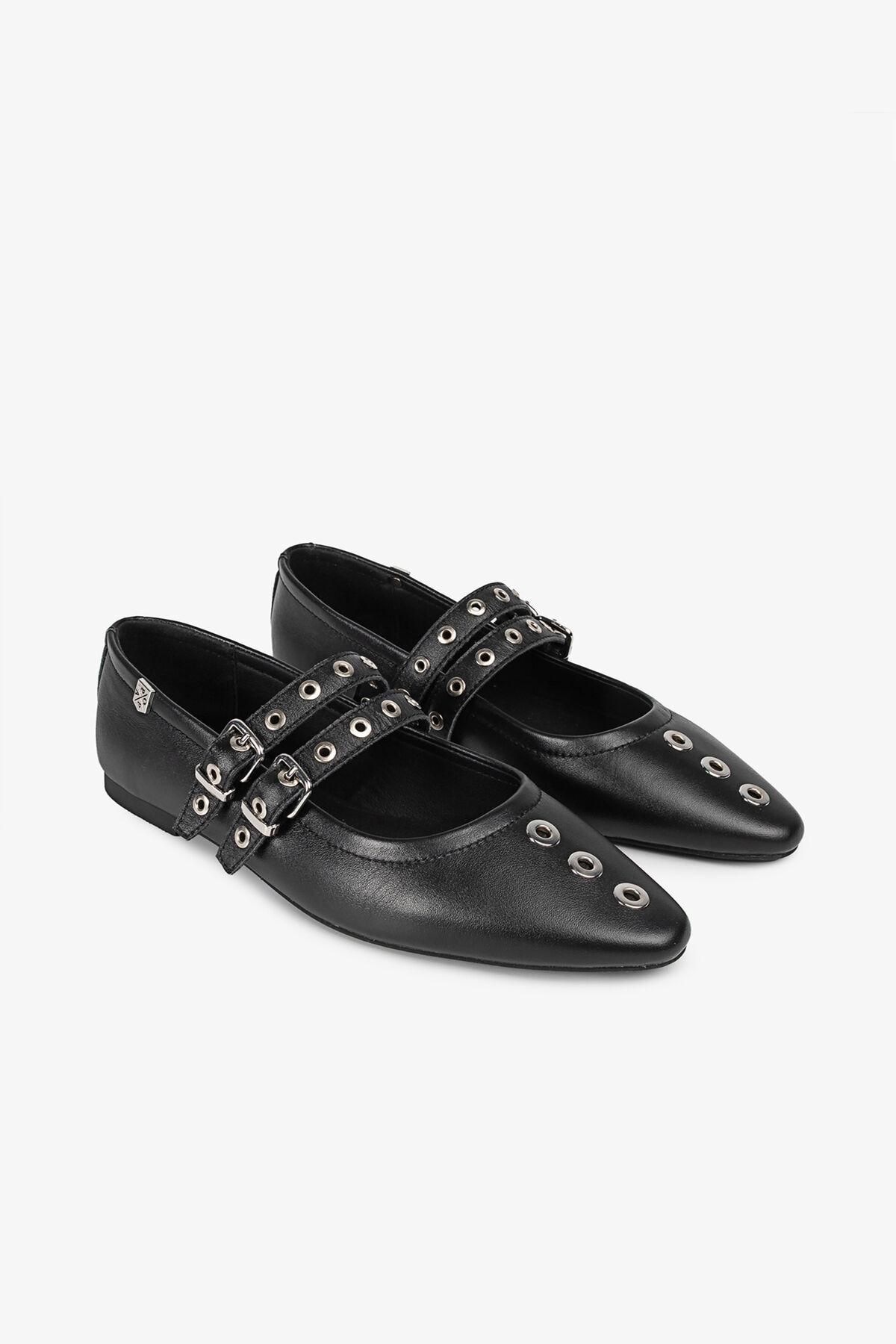 포파 스터드 스트랩 가죽 발레리나 플랫 블랙 3892276 NEGRO - 상세 이미지 2