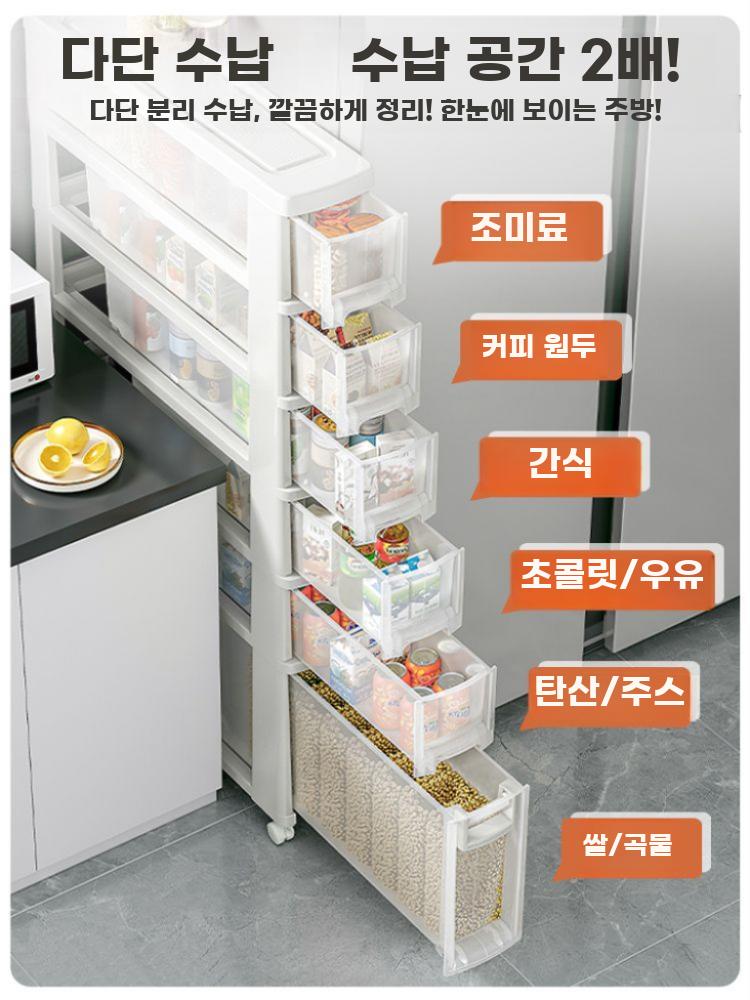 냉장고옆 수납장 서랍형 틈새 정리함 주방 공간 활용 20cm 3단 투명 바퀴 포함 - 상세 이미지 5