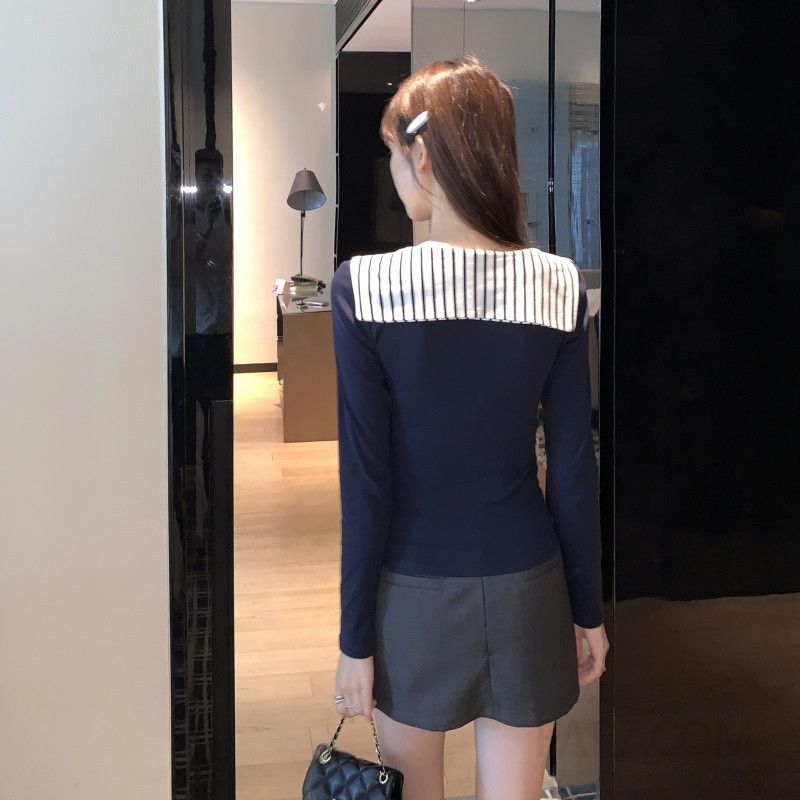 여성 세라넥 스트라이프 배색 카라 긴팔 티셔츠 데일리 캐주얼 루즈핏 간절기 봄 가을 - 상세 이미지 2