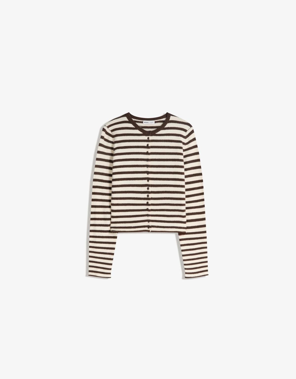 버쉬카 스트라이프 라운드넥 니트 가디건 0011/097 BROWN - 상품 이미지