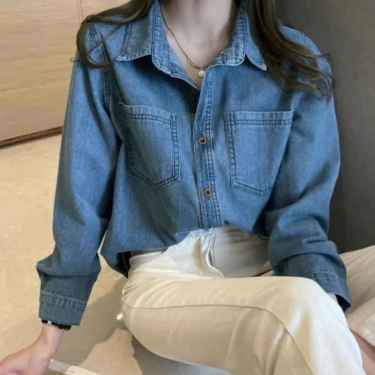 여성 베이직 데님 셔츠 청 남방 빈티지 진청 데일리 - 상품 이미지