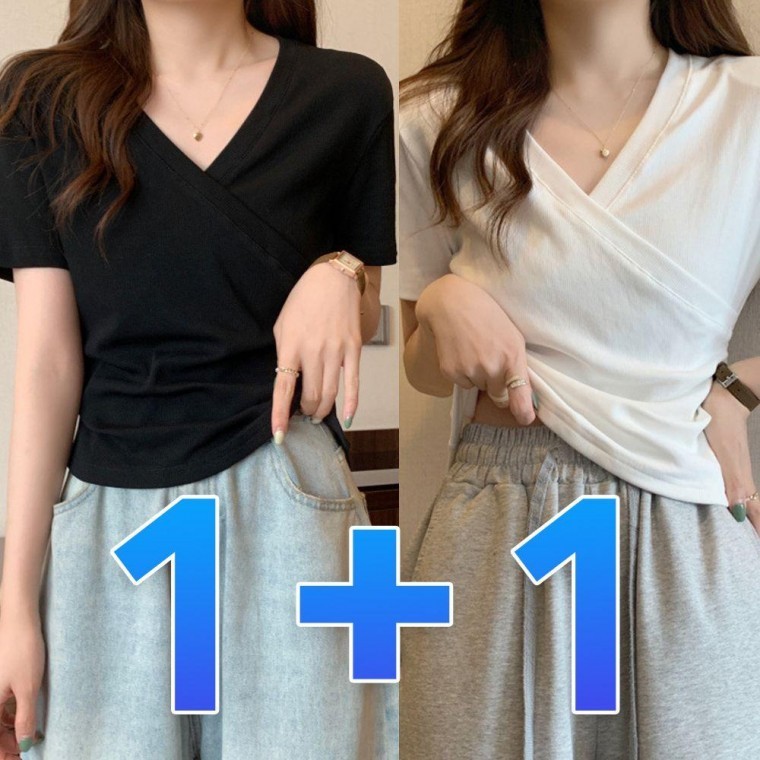 1+1 여성 브이넥 반팔티 셔링 스판 랩 무지 티셔츠 면티 이너 흰티 이너티 면티셔츠 - 상품 이미지