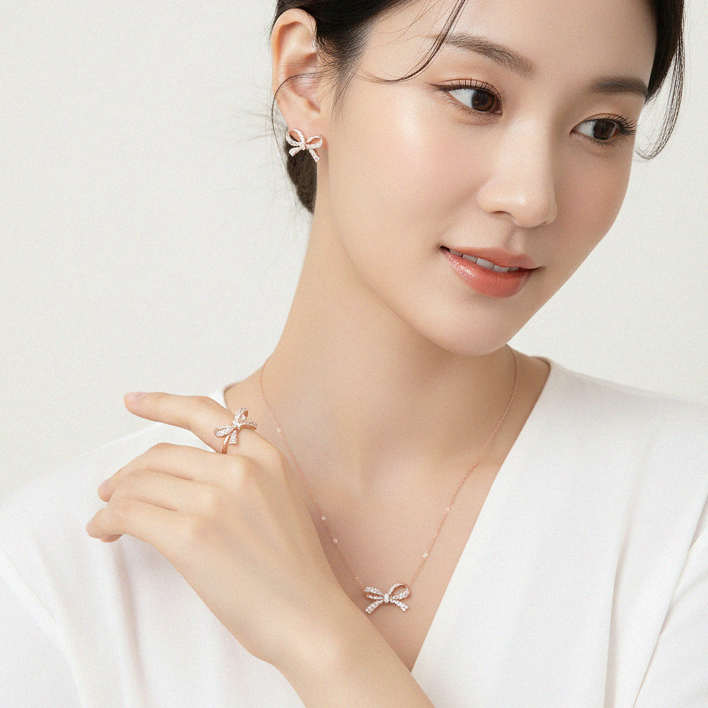 러블리 매듭 리본 큐빅 지르코니아 은침 귀걸이 - 상세 이미지 4