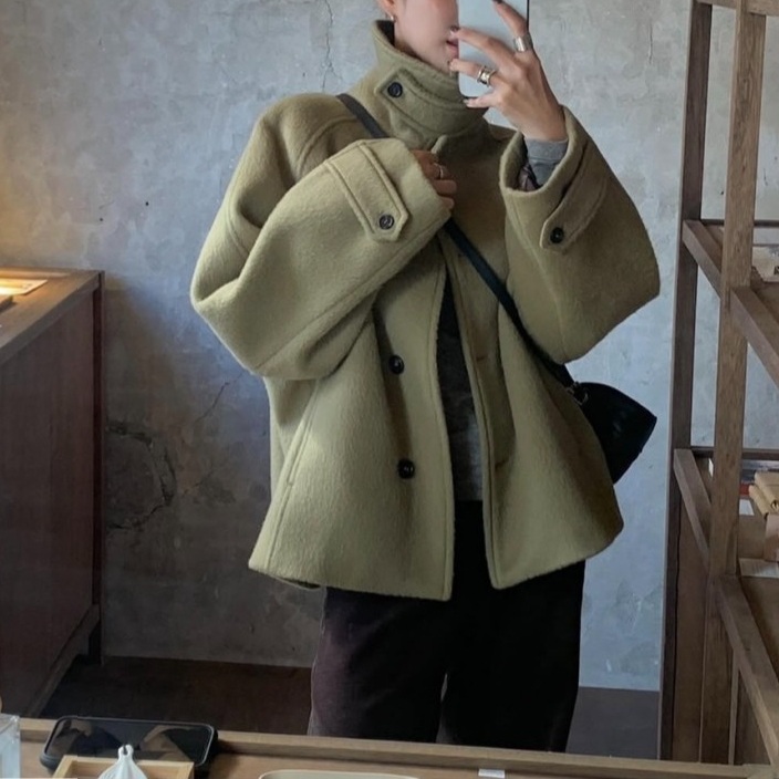 겨울 여성 루즈핏 하이넥 모직 싱글버튼 숏코트 - 상세 이미지 2