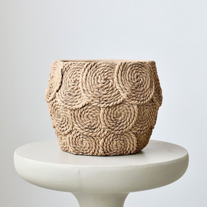 라탄 꽃병 빈티지 화분 내추럴 디자인 도자기 화병 자연 원형 12.5cm - 상세 이미지 2