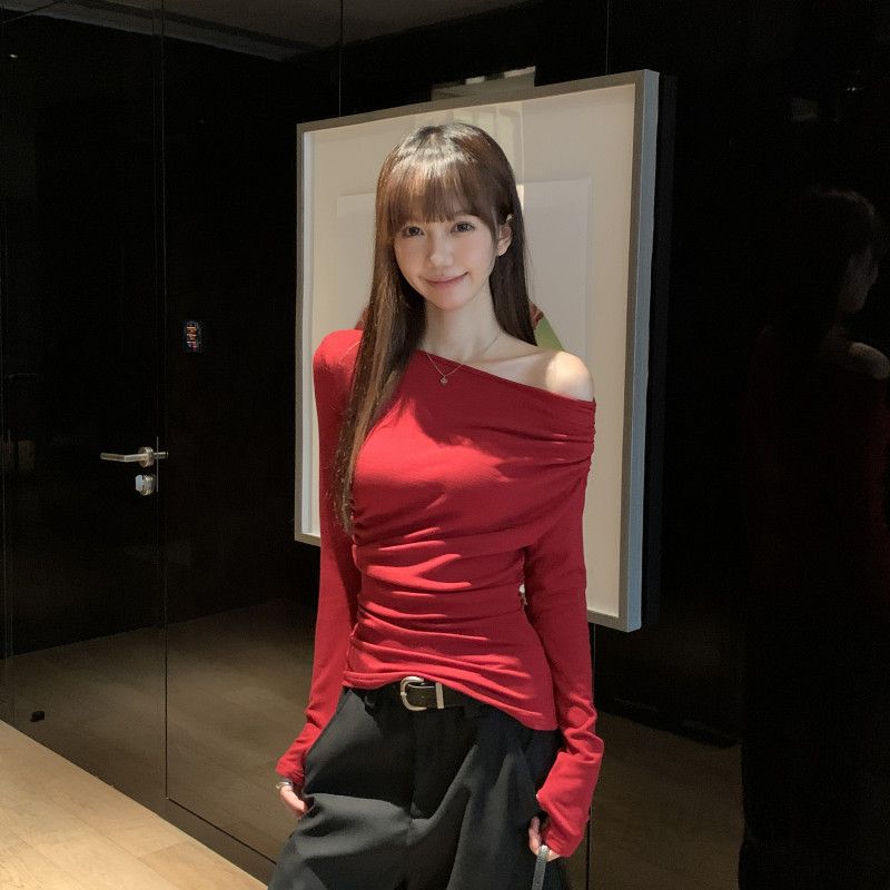 여성 오프숄더 긴팔 니트탑 슬림핏 드레이프 언발란스 캐주얼 상의 데일리 봄 가을 간절기 코디 - 상세 이미지 2