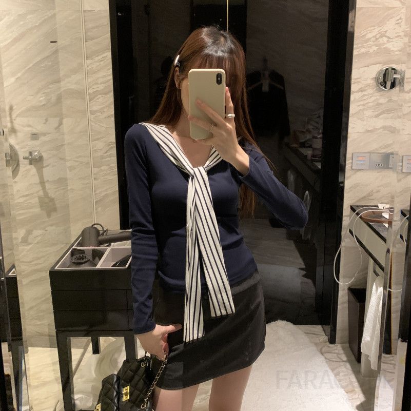 여성 세라넥 스트라이프 배색 카라 긴팔 티셔츠 데일리 캐주얼 루즈핏 간절기 봄 가을 - 상세 이미지 3