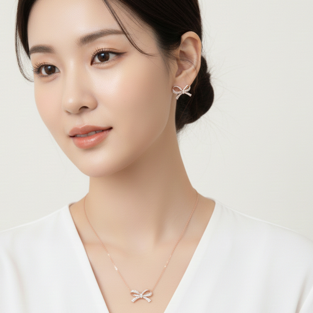 러블리 매듭 리본 큐빅 지르코니아 은침 귀걸이 - 상세 이미지 3