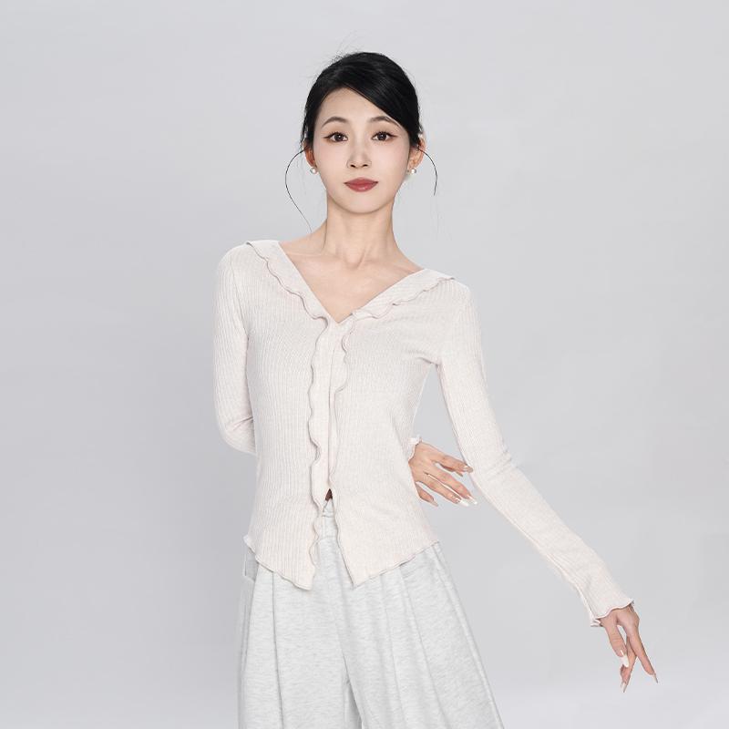 여성용 브이넥 긴팔 발레 댄스복 세트 가을 연습복 - 상세 이미지 4