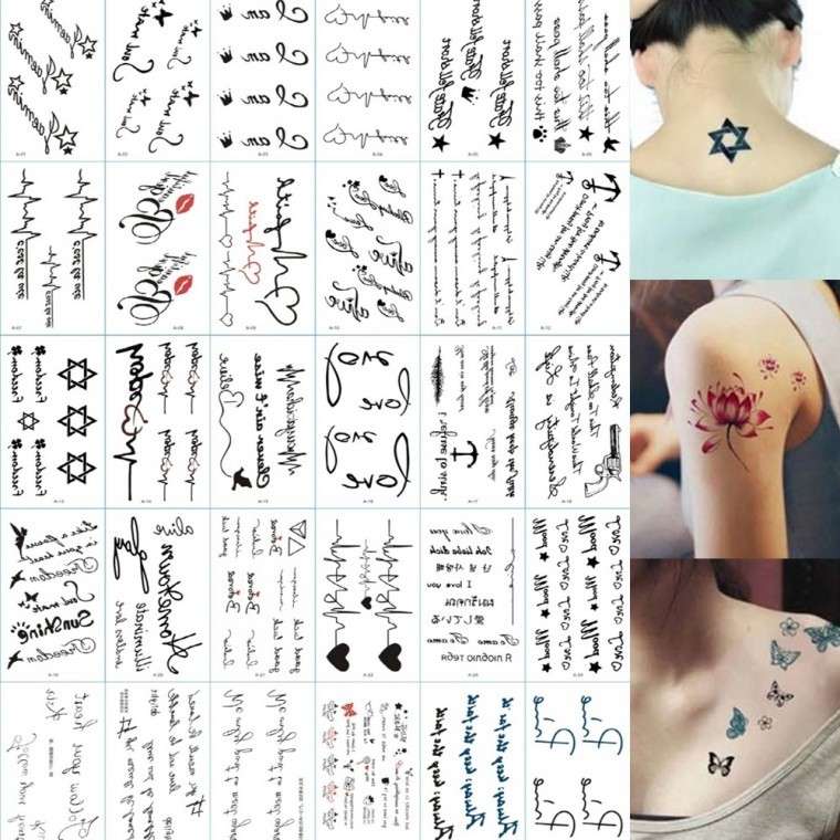 타투스티커 30장 세트 인기 9종 모음 문신 헤나 레터링 수채화 별 꽃 해골 판박이 - 상품 이미지