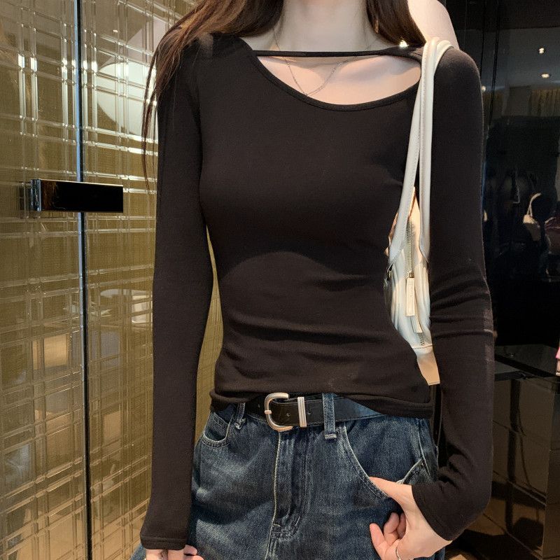 여성 긴팔 오프숄더 티셔츠 슬림핏 가을 레이어드용 심플한 디자인 착용감 좋은 티셔츠 - 상세 이미지 2