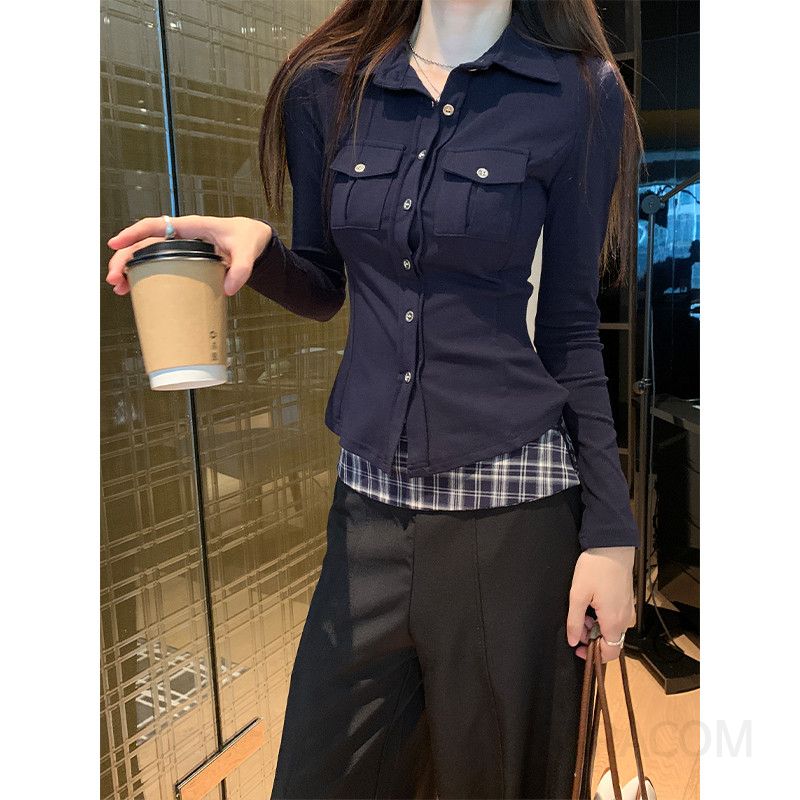 여성 가을 신상 카라 포켓 버튼 긴팔 슬림핏 베이직 블라우스 데일리 오피스룩 셔츠 상의 - 상세 이미지 4