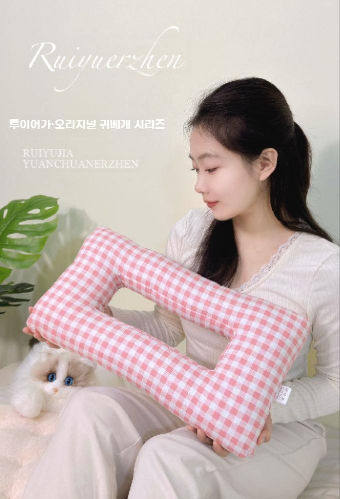 피어싱 베개 귀베개 귀 수술 쿠션 귀눌림방지 사이드 수면 그레이 격자 메밀 껍질 - 상세 이미지 4
