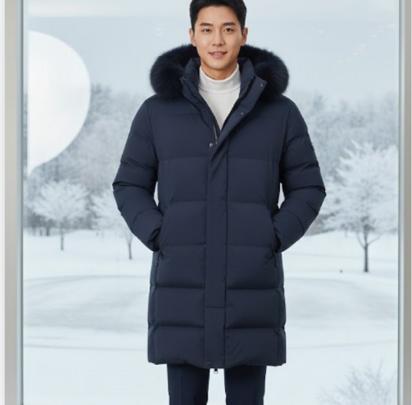 헤지스 남성 겨울 프리미엄 방한력 천연폭스 골프웨어 롱다운 롱패딩점퍼 - 상품 이미지