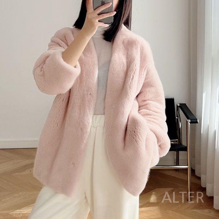 브이넥 숄더 페이크퍼 숏 퍼 가디건 핑크 (길이 66CM) S (40-50kg) - 상세 이미지 5