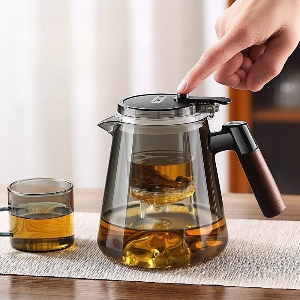 내열유리 차주전자 세트 원터치 찻물 분리 여과기 티메이커 우드핸들 티포트 850ml 투명 - 상세 이미지 3