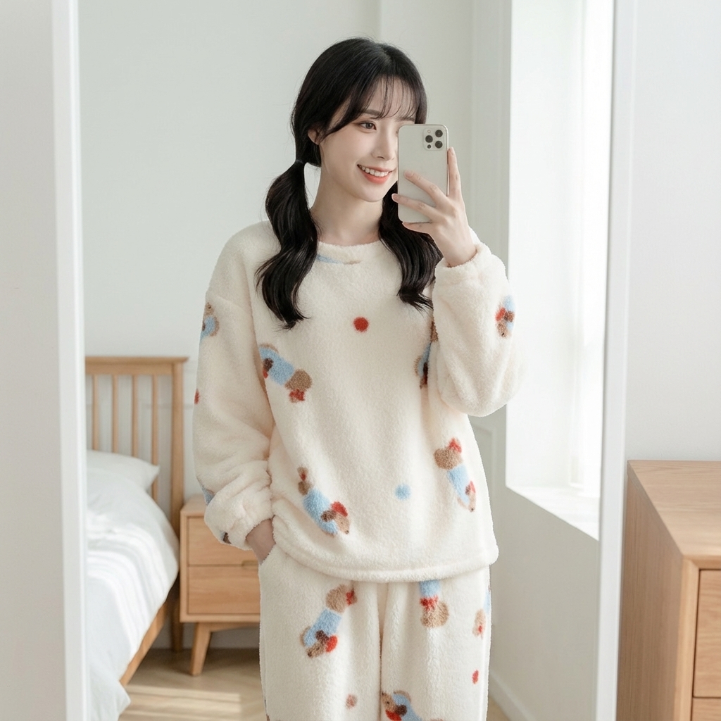 겨울 따듯한 극세사 누빔 수면 잠옷 세트 원피스 가운 집들이선물 이미지 6