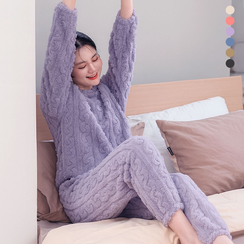 겨울 극세사 수면 잠옷세트 여성 커플 기모 밍크 파자마 - 상품 이미지