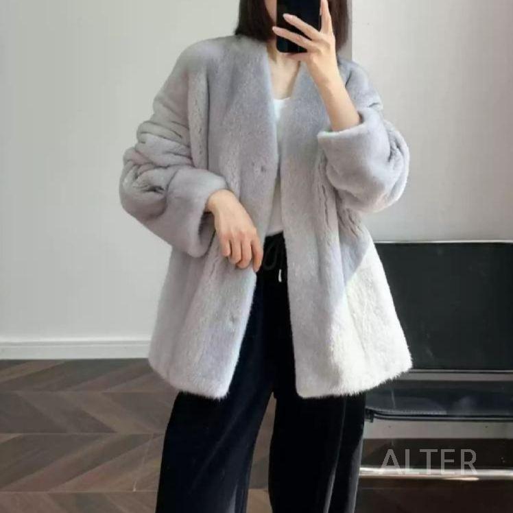 브이넥 숄더 페이크퍼 숏 퍼 가디건 핑크 (길이 66CM) S (40-50kg) - 상세 이미지 3