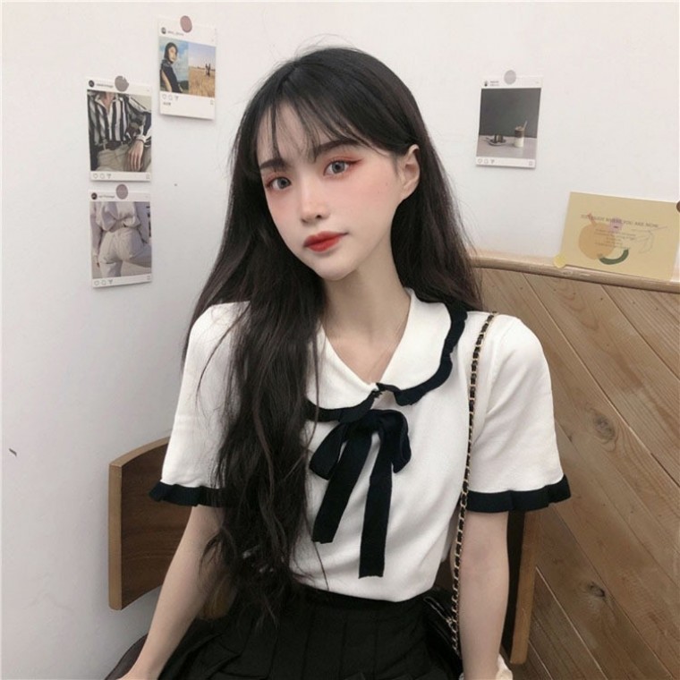 프릴카라 여친룩 여성스런 리본프릴 둥근카라 반팔티 - 상품 이미지