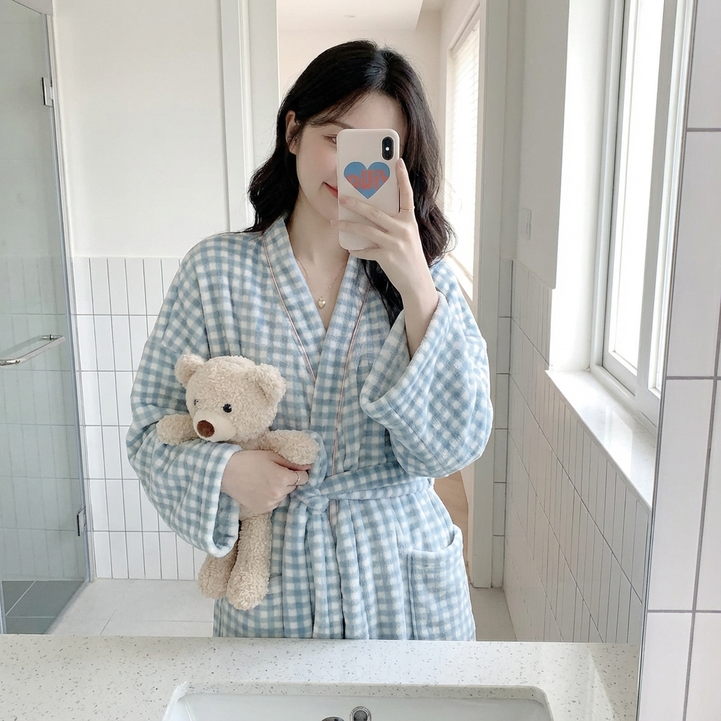 겨울 따듯한 극세사 누빔 수면 잠옷 세트 원피스 가운 집들이선물 - 상세 이미지 4