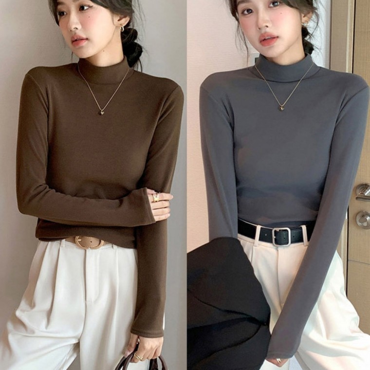 깔끔 디자인 반 하이넥 슬림핏 솔리드 반폴라티 - 상품 이미지