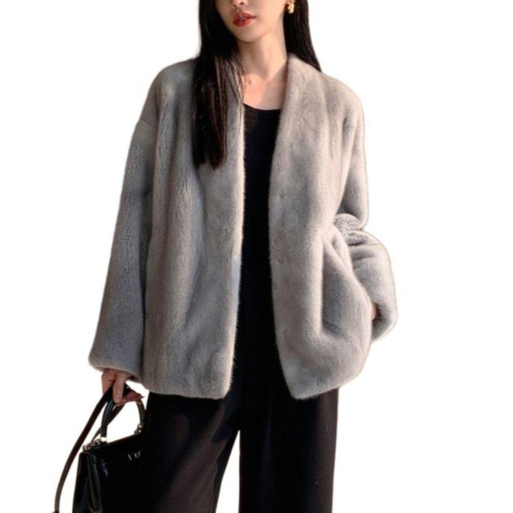 브이넥 숄더 페이크퍼 숏 퍼 가디건 핑크 (길이 66CM) S (40-50kg) - 상품 이미지