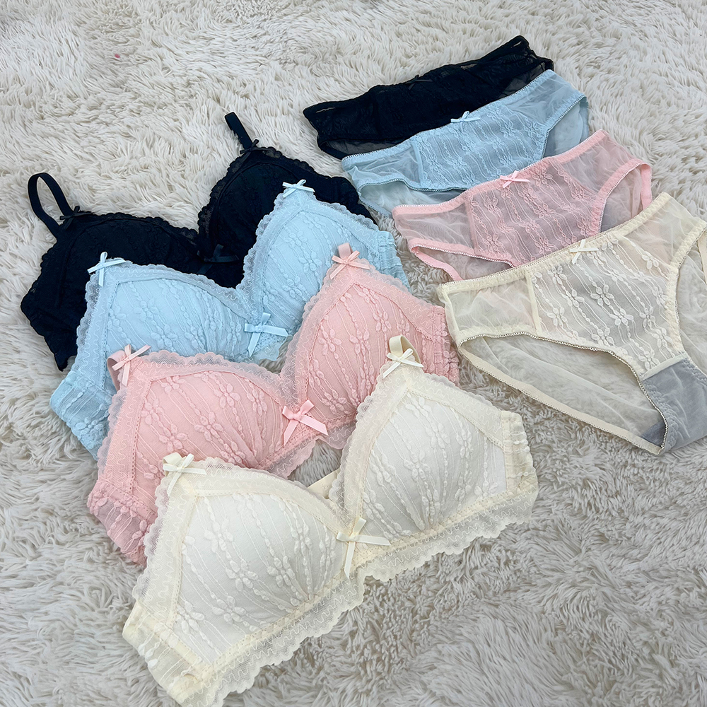 핑크앤다이아 뽕없는 릴리 레이스 브라세트 노와이어 속옷세트 편한 브라렛 홑겹브라 - 상세 이미지 5