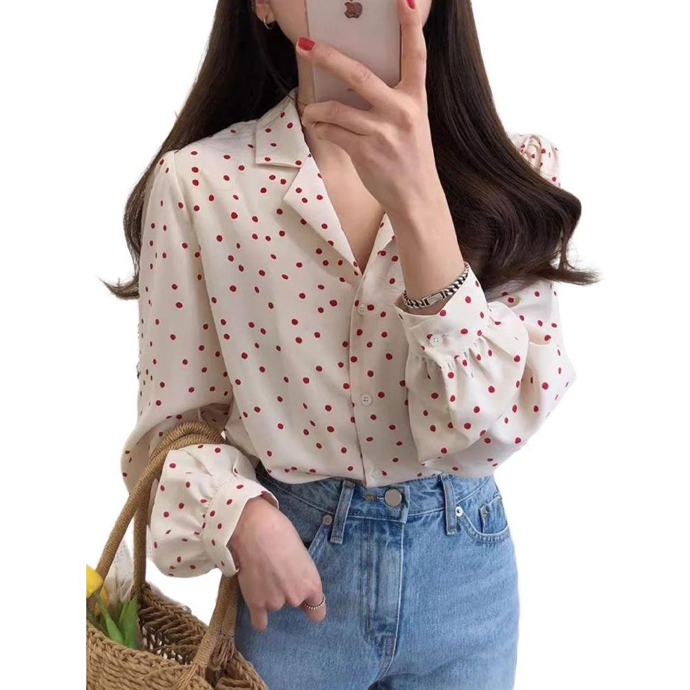 땡땡이 블라우스 하객 출근록 데일리 도트셔츠 봄 블랙 XS - 상세 이미지 4