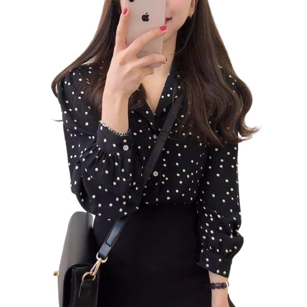 땡땡이 블라우스 하객 출근록 데일리 도트셔츠 봄 블랙 XS - 상품 이미지