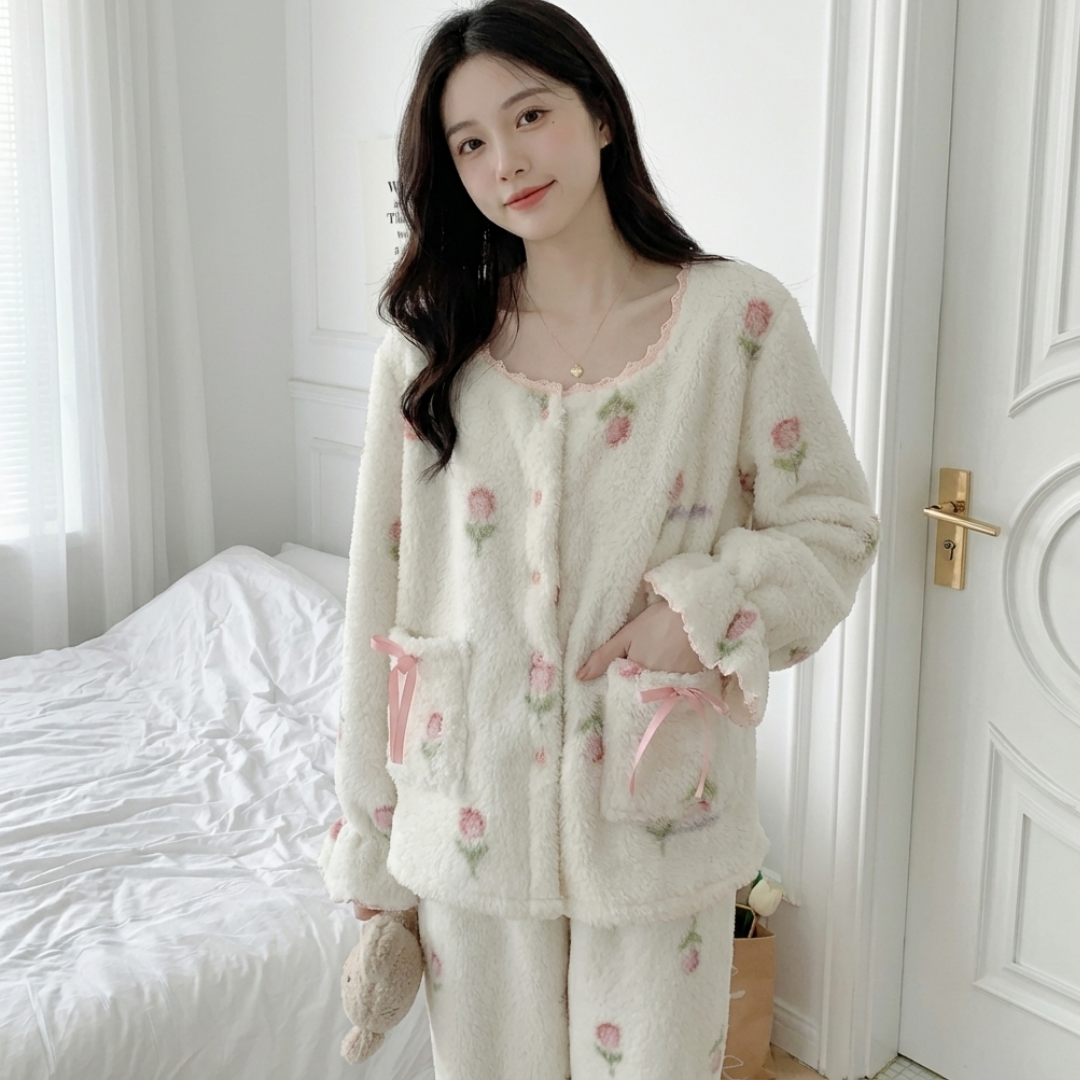 겨울 따듯한 극세사 누빔 수면 잠옷 세트 원피스 가운 집들이선물 - 상세 이미지 2