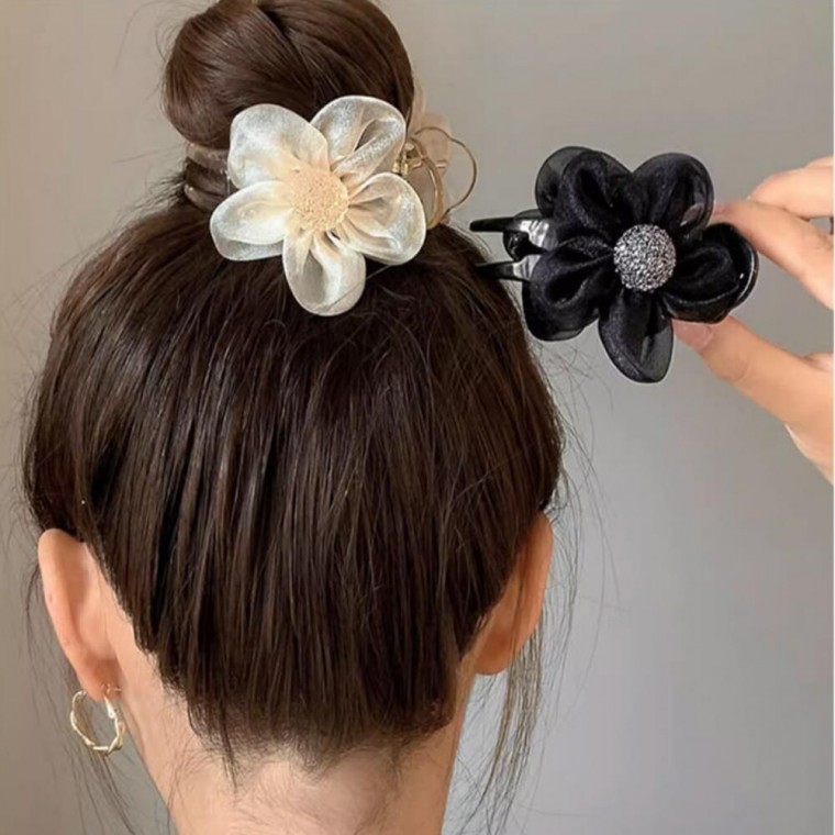 올림머리 포인트주기 좋은 오간자 플라워 둥근 집게핀 - 상품 이미지