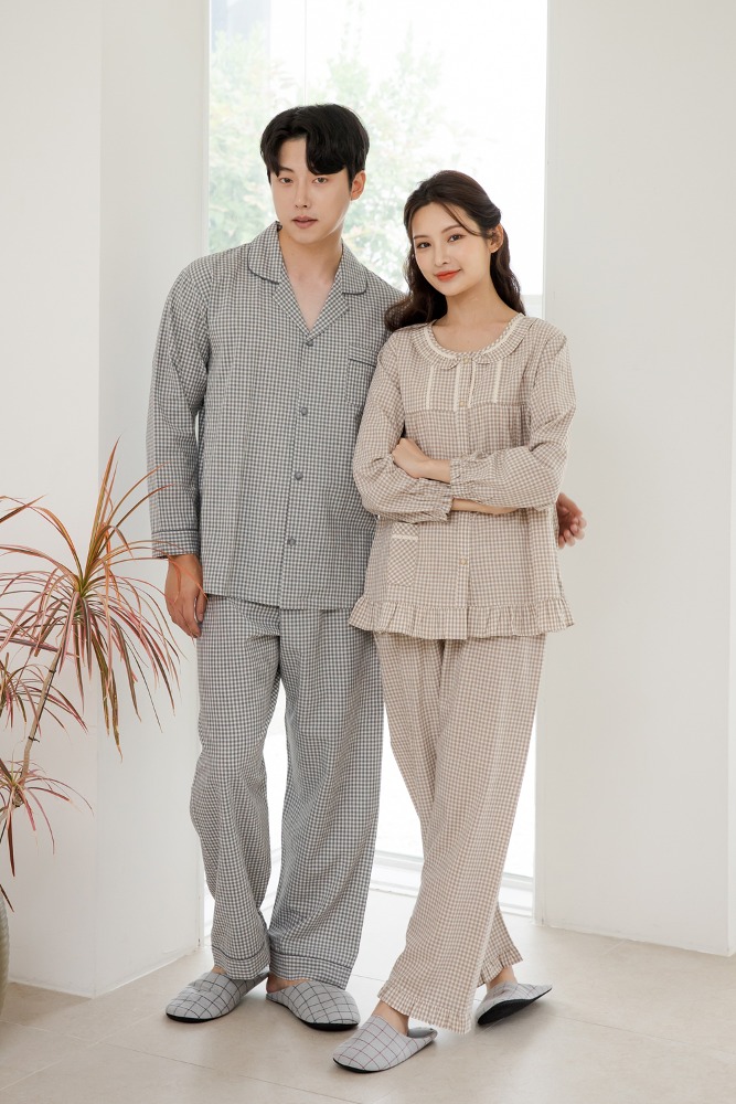 마누아 국내산 40수 선염 효소가공 면100 남녀긴팔 파자마세트 1929/5929 - 상품 이미지