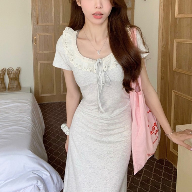 프릴 레이스 캐주얼 카라 슬림 롱 원피스 휴가룩 데일리 - 상품 이미지