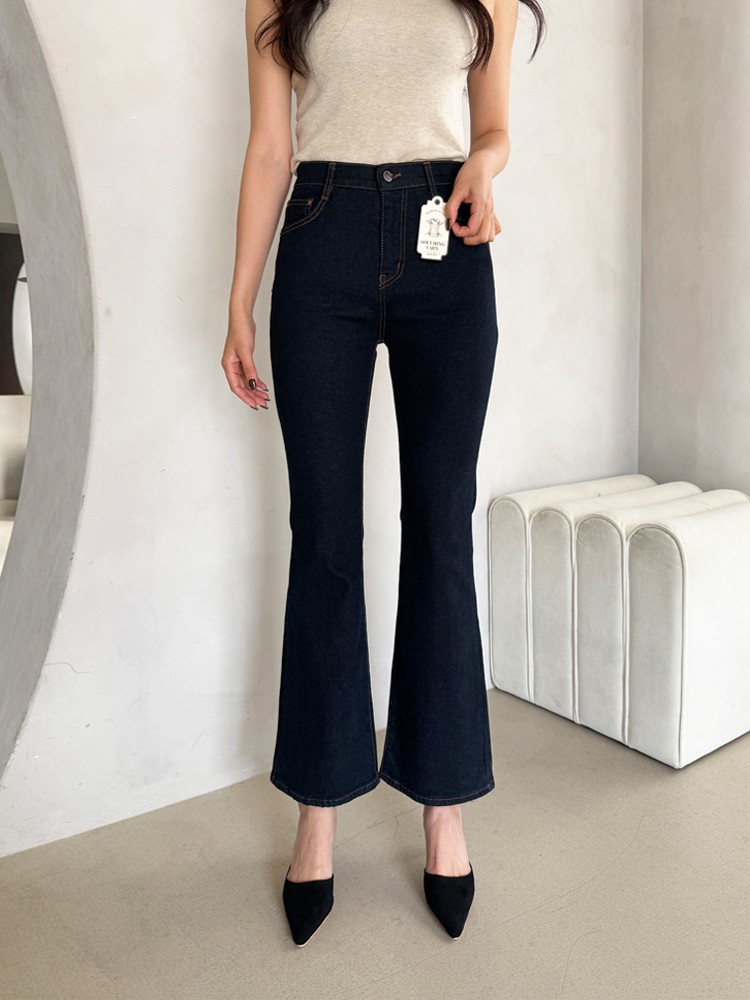 하이웨스트 진청 생지 데님 팬츠 겨울 부츠컷 청바지 밴딩 진청바지 여자 기모 청바지 - 상세 이미지 2