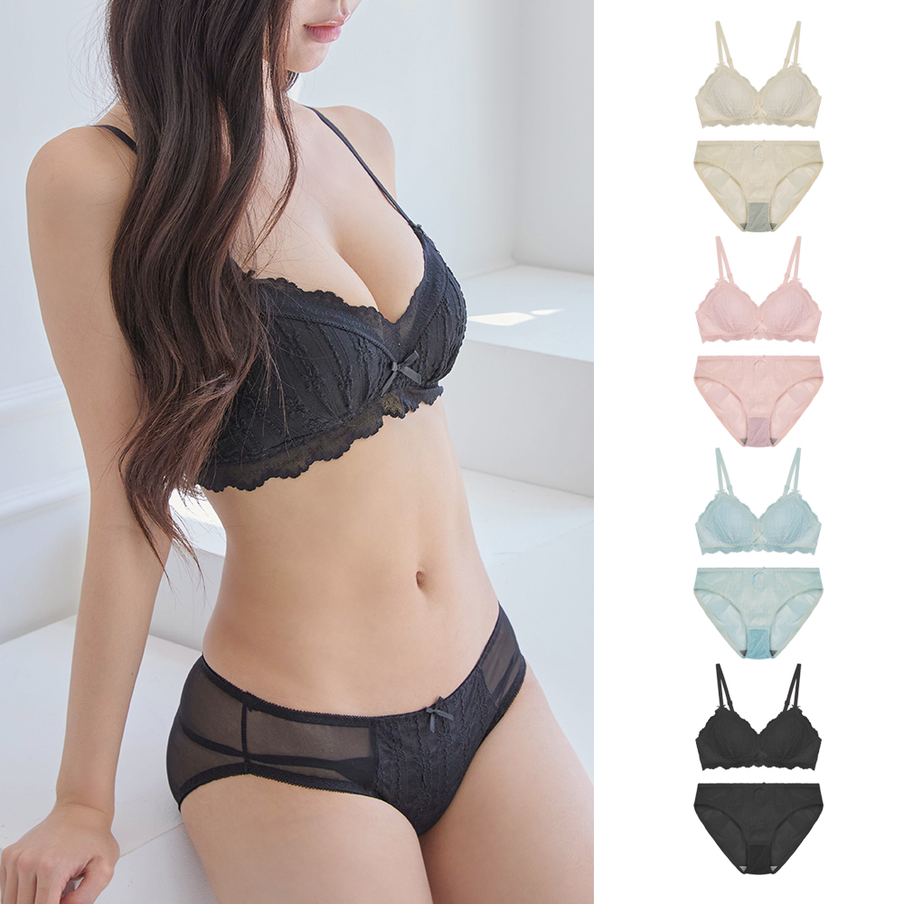 핑크앤다이아 뽕없는 릴리 레이스 브라세트 노와이어 속옷세트 편한 브라렛 홑겹브라 - 상품 이미지