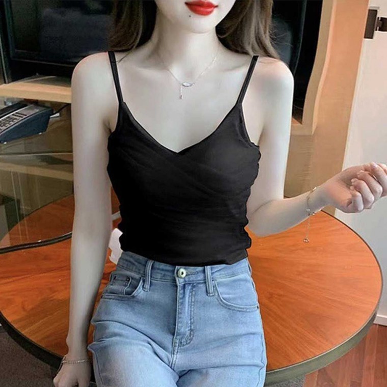 클럽 베이직 여자 패션 파티 올데이 룩 쉬폰 브이넥 크롭 끈 YVm - 상품 이미지