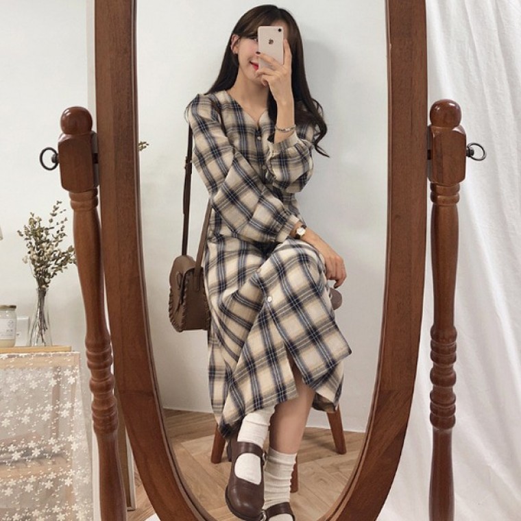 브이넥 단추형 롱원피스 여성셔츠 원피스 트위드 - 상품 이미지
