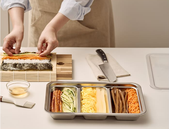 바겐슈타이거 무연마제 스텐 사각 트리플 트레이 김밥재료보관 35.5cm x 26.5cm, 2개 - 상세 이미지 3