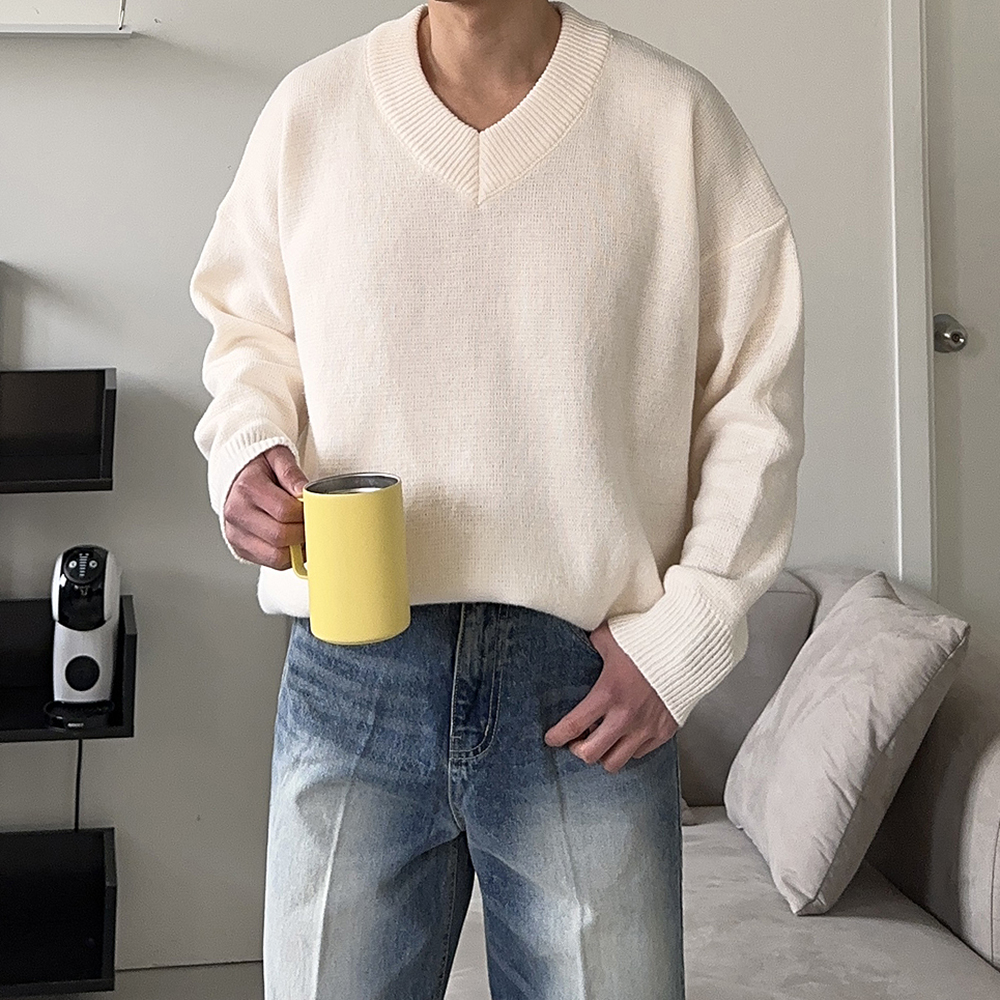 남자 니트 오버핏 두꺼운 V넥 브이넥 울 니트 남자 스웨터 - 메인 이미지