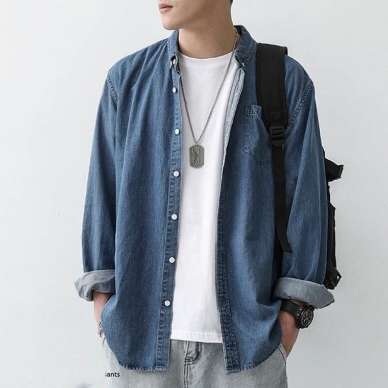 남성 베이직 포켓 오버핏 데일리 데님 셔츠 - 상품 이미지