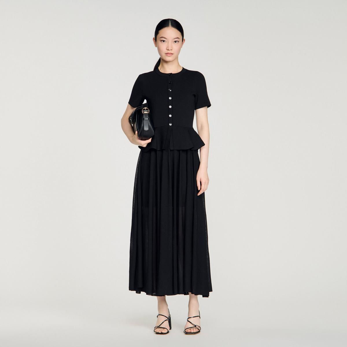 산드로 페플럼 롱 니트 원피스 라운드넥 반팔 SFPRO04677_20 SCHWARZ - 상세 이미지 2