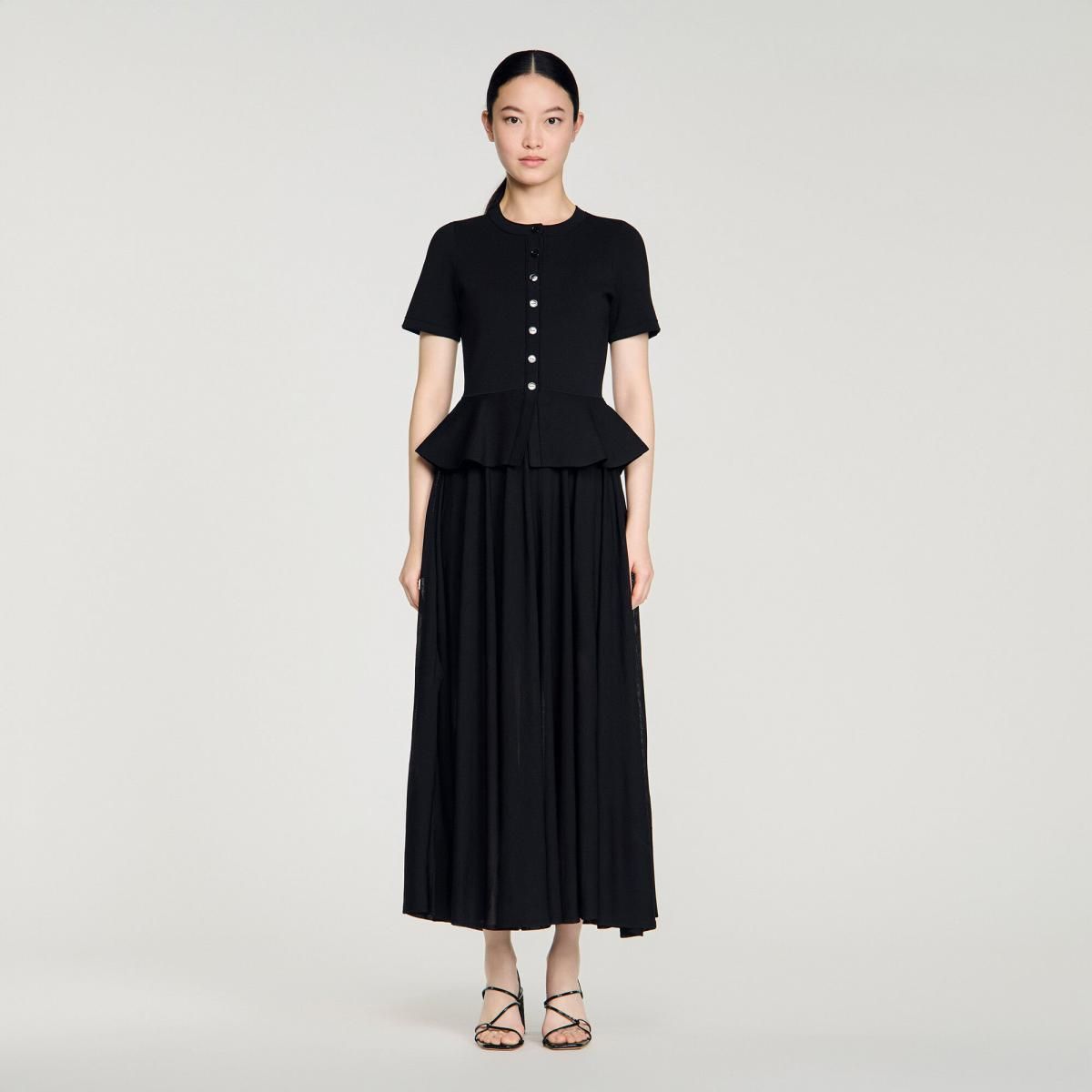 산드로 페플럼 롱 니트 원피스 라운드넥 반팔 SFPRO04677_20 SCHWARZ - 상세 이미지 3