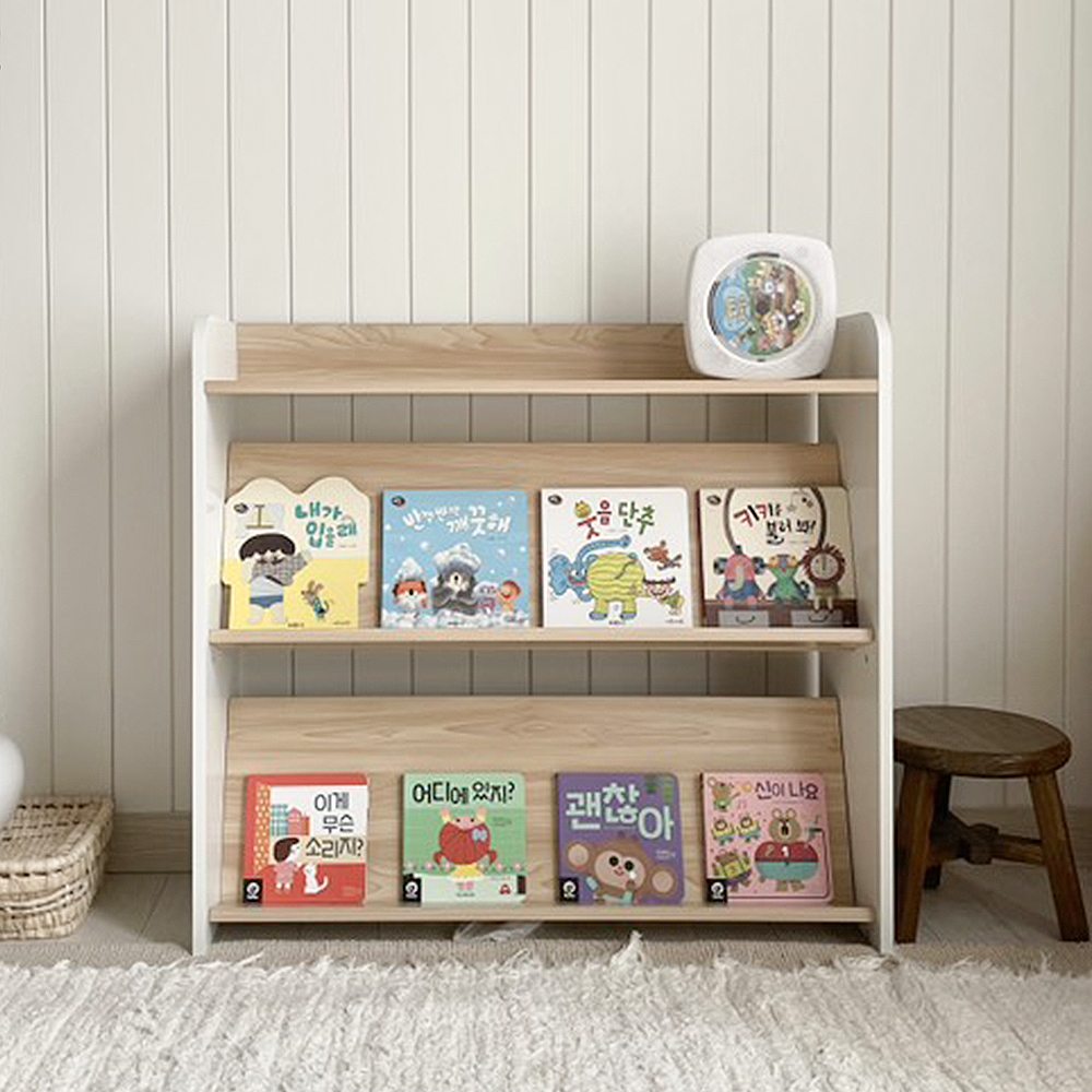 심플룸 올인원 전면 책장 교구장 아기 3단 오크+화이트 아이 어린이 낮은 제품 이미지